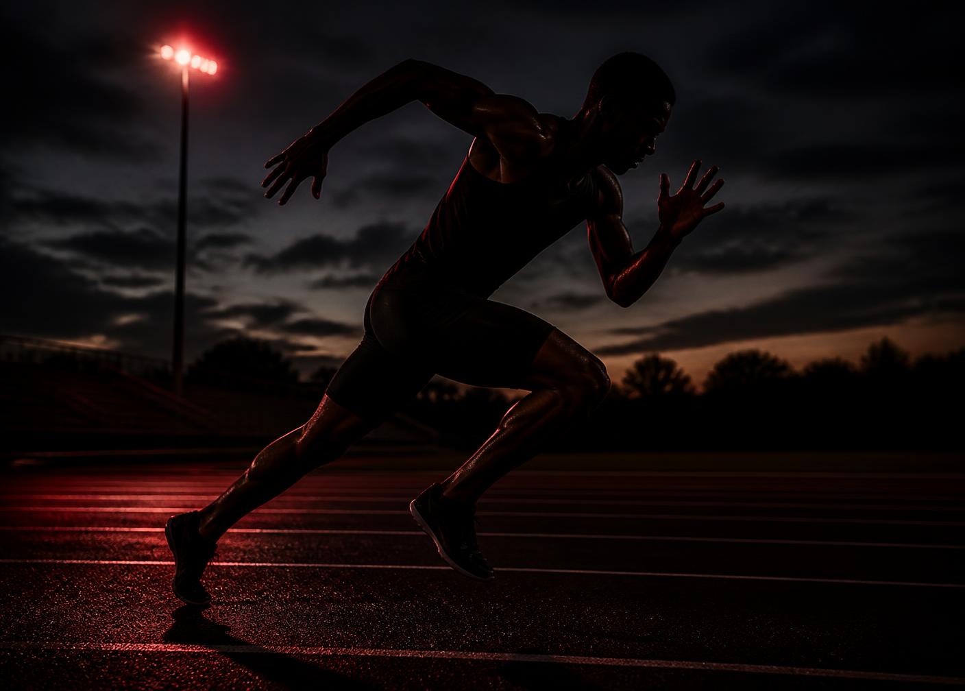 Runner accelerating on an outdoor track at dusk