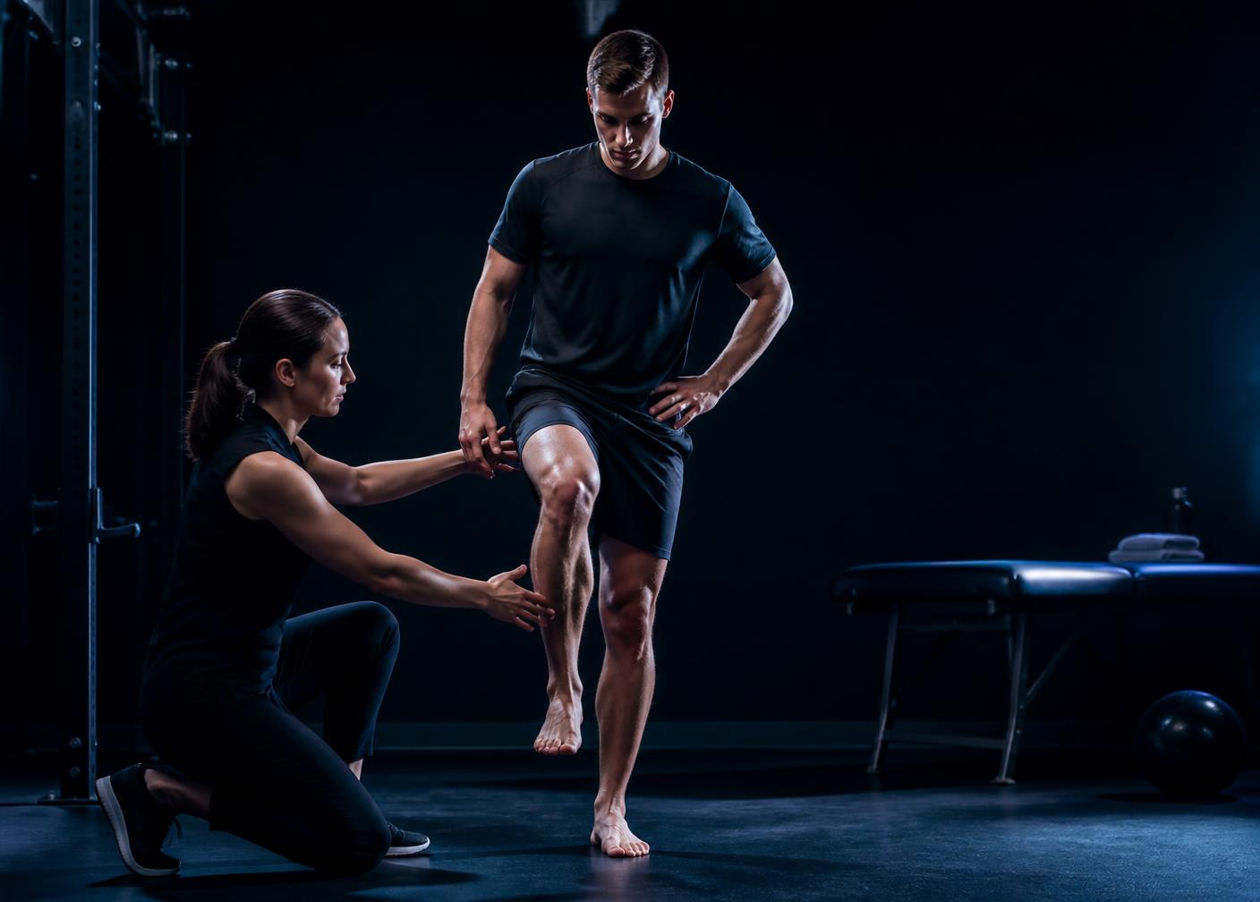 Clinician guiding an athlete through a single-leg movement assessment